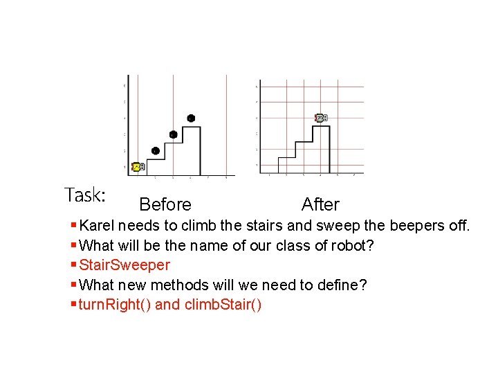 Task: Before After § Karel needs to climb the stairs and sweep the beepers