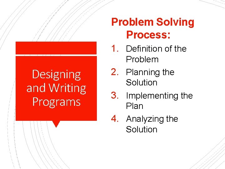 Problem Solving Process: 1. Definition of the Designing and Writing Programs Problem 2. Planning
