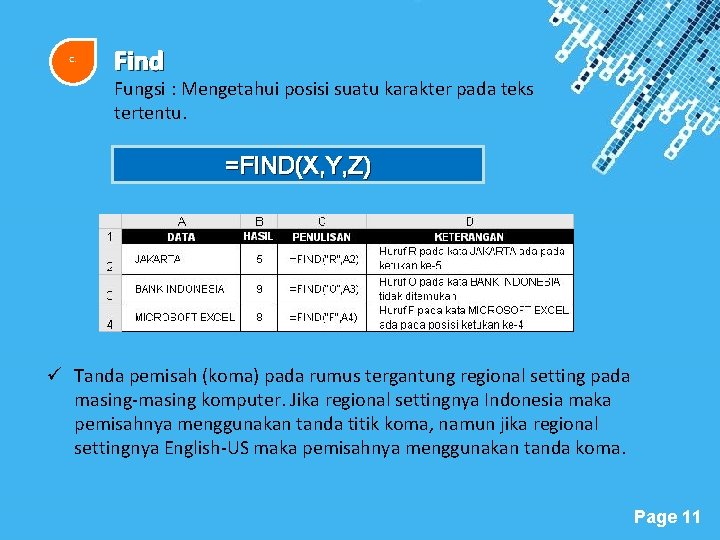 c. Find Fungsi : Mengetahui posisi suatu karakter pada teks tertentu. =FIND(X, Y, Z)