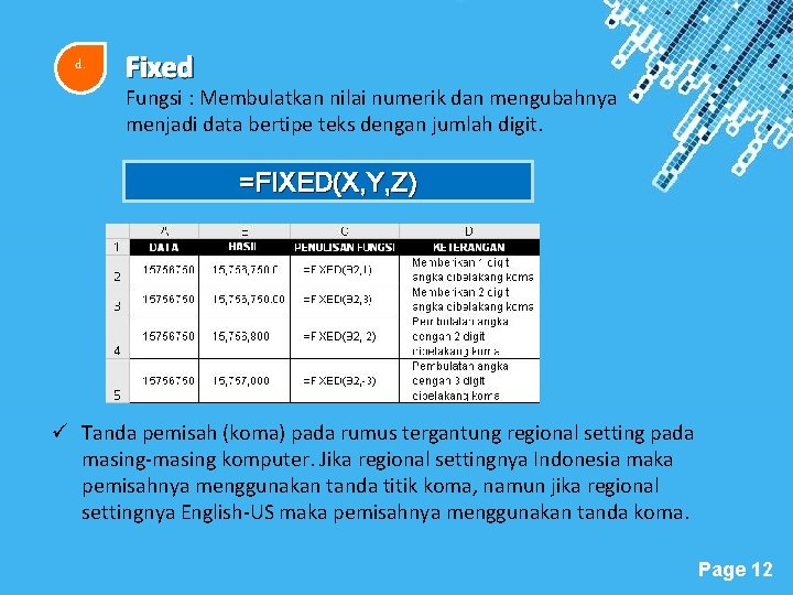 d. Fixed Fungsi : Membulatkan nilai numerik dan mengubahnya menjadi data bertipe teks dengan