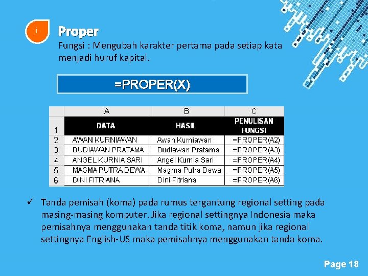 j. Proper Fungsi : Mengubah karakter pertama pada setiap kata menjadi huruf kapital. =PROPER(X)