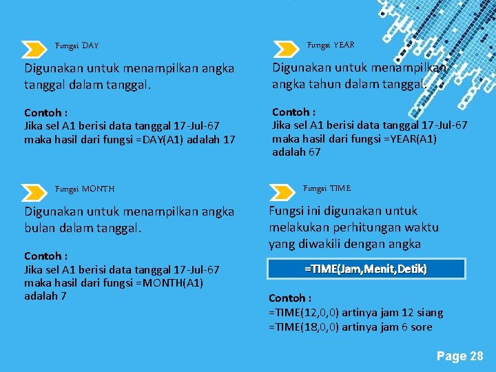 Fungsi YEAR Fungsi DAY Digunakan untuk menampilkan angka tanggal dalam tanggal. Digunakan untuk menampilkan