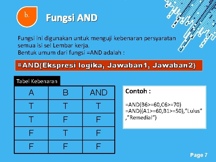 b. Fungsi AND Fungsi ini digunakan untuk menguji kebenaran persyaratan semua isi sel Lembar