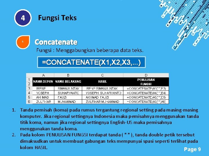 4 Fungsi Teks a. Concatenate Fungsi : Menggabungkan beberapa data teks. =CONCATENATE(X 1, X