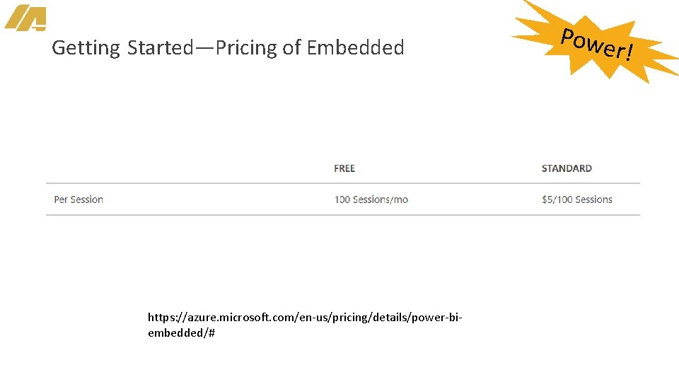 Getting Started—Pricing of Embedded https: //azure. microsoft. com/en-us/pricing/details/power-biembedded/# Powe r! 