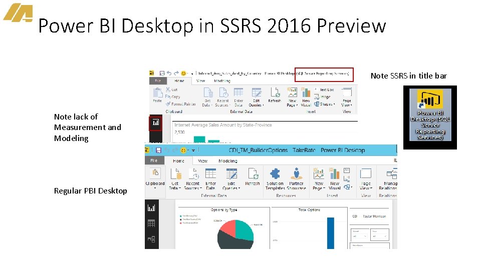 Power BI Desktop in SSRS 2016 Preview Note SSRS in title bar Note lack