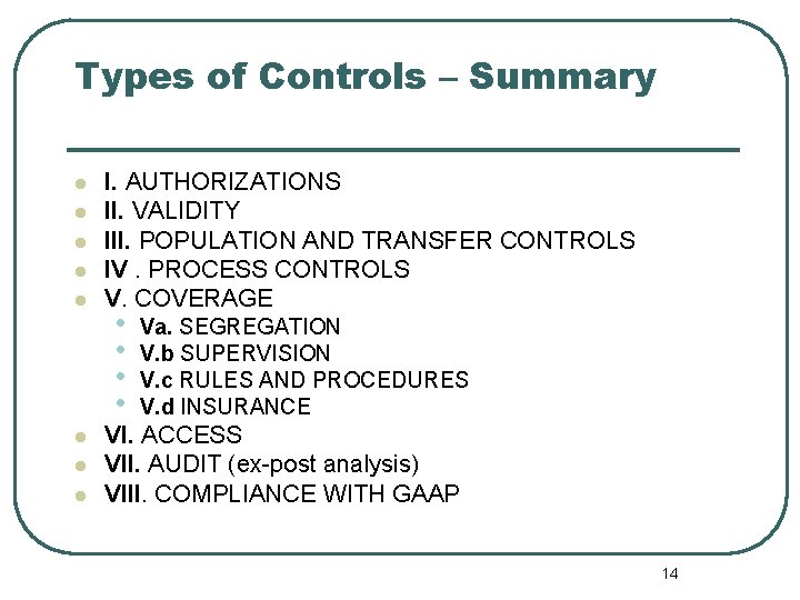 Types of Controls – Summary l l l l I. AUTHORIZATIONS II. VALIDITY III.