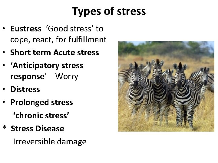 Types of stress • Eustress ‘Good stress’ to cope, react, for fulfillment • Short