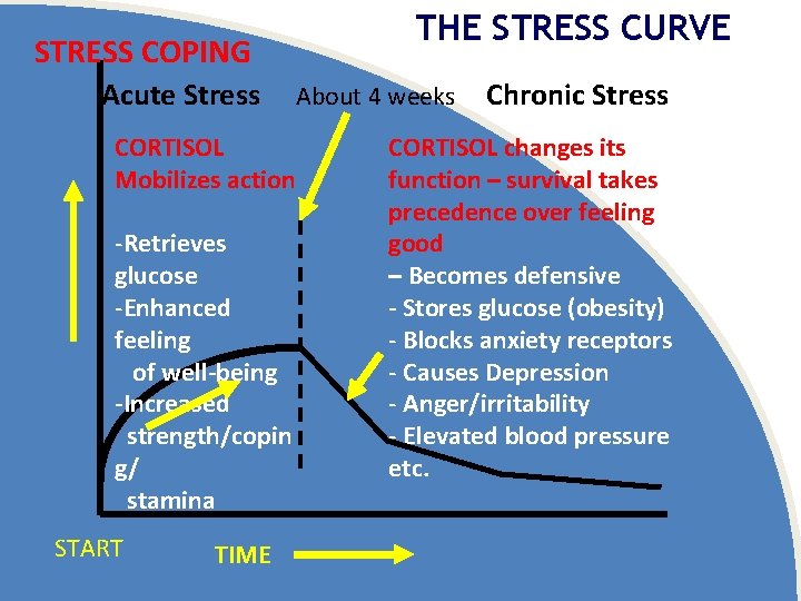 THE STRESS CURVE STRESS COPING Acute Stress About 4 weeks Chronic Stress CORTISOL Mobilizes