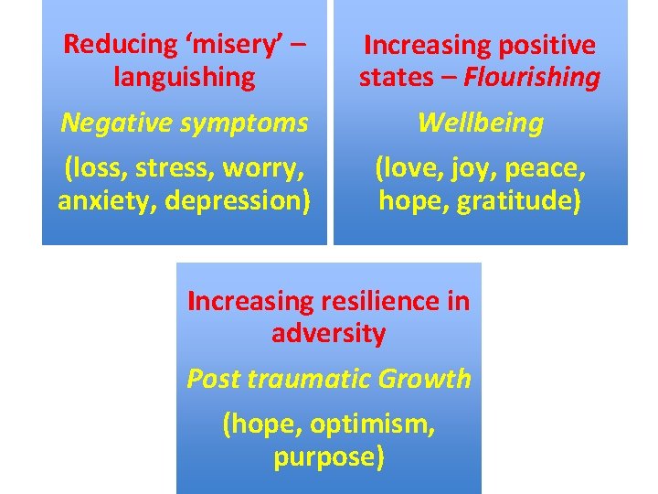 Reducing ‘misery’ – languishing Negative symptoms (loss, stress, worry, anxiety, depression) Increasing positive states