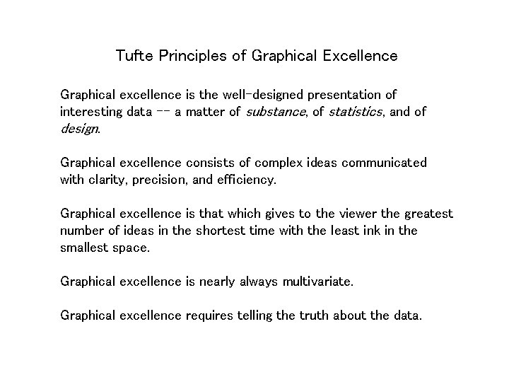 Tufte Principles of Graphical Excellence Graphical excellence is the well-designed presentation of interesting data