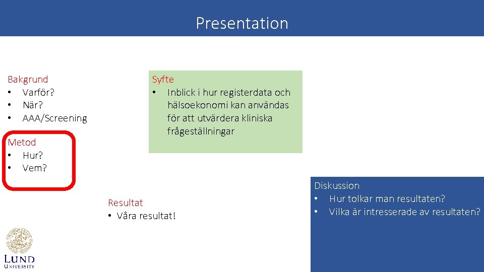 Presentation Bakgrund • Varför? • När? • AAA/Screening Metod • Hur? • Vem? Syfte