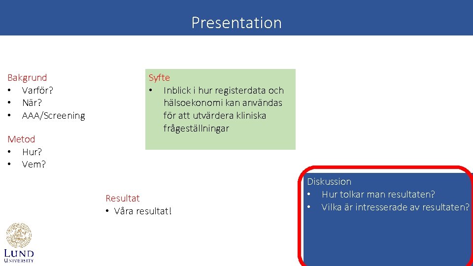 Presentation Bakgrund • Varför? • När? • AAA/Screening Metod • Hur? • Vem? Syfte