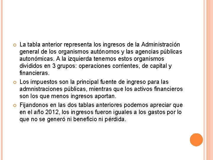  La tabla anterior representa los ingresos de la Administración general de los organismos