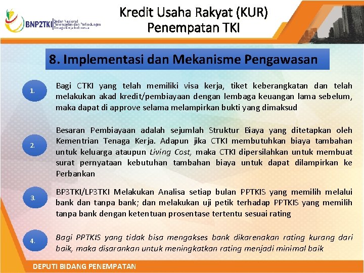 Kredit Usaha Rakyat (KUR) Penempatan TKI 8. Implementasi dan Mekanisme Pengawasan 1. 2. 3.