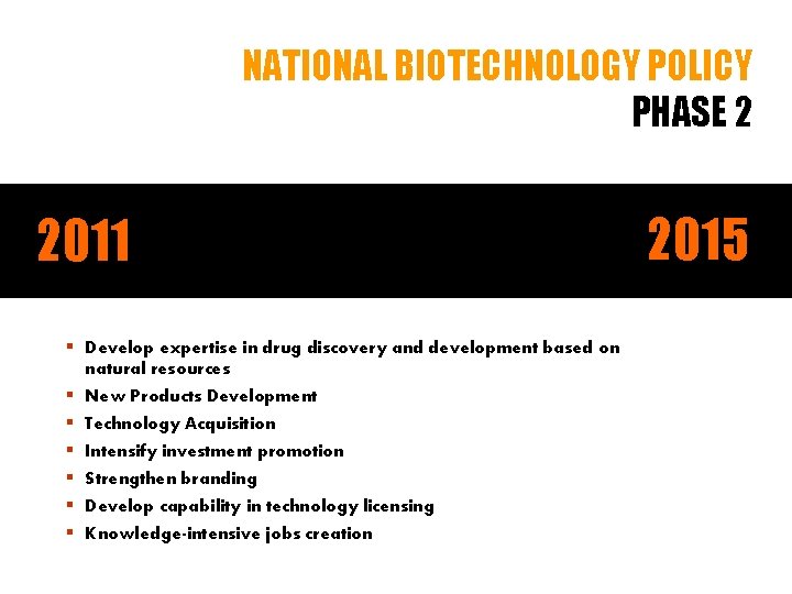 NATIONAL BIOTECHNOLOGY POLICY PHASE 2 2011 Science to Commercialization § Develop expertise in drug