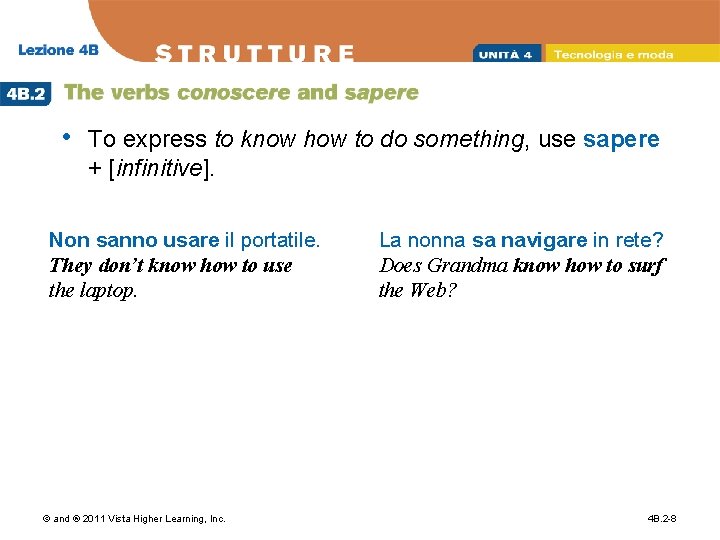  • To express to know how to do something, use sapere + [infinitive].