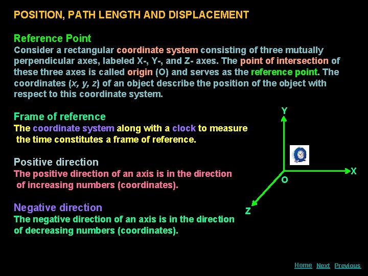 POSITION, PATH LENGTH AND DISPLACEMENT Reference Point Consider a rectangular coordinate system consisting of