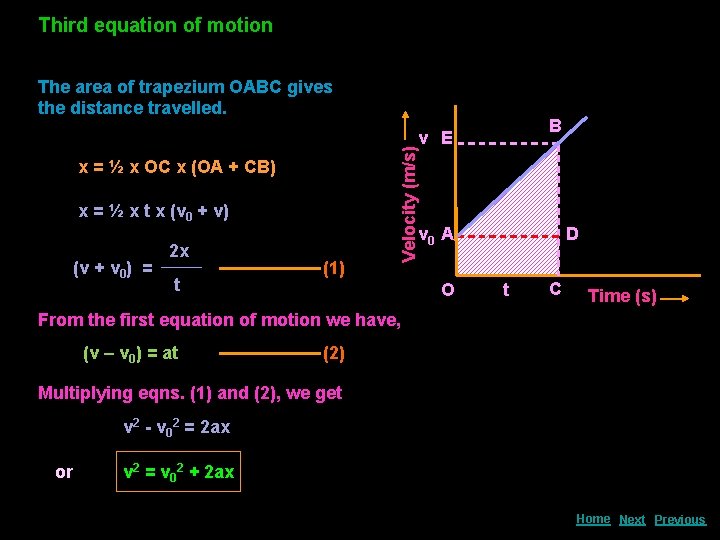 Third equation of motion The area of trapezium OABC gives the distance travelled. B