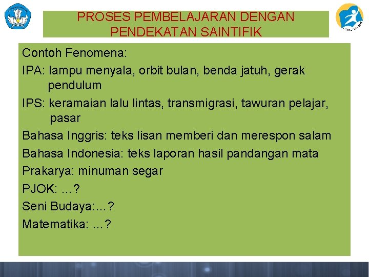 PROSES PEMBELAJARAN DENGAN PENDEKATAN SAINTIFIK Contoh Fenomena: IPA: lampu menyala, orbit bulan, benda jatuh,