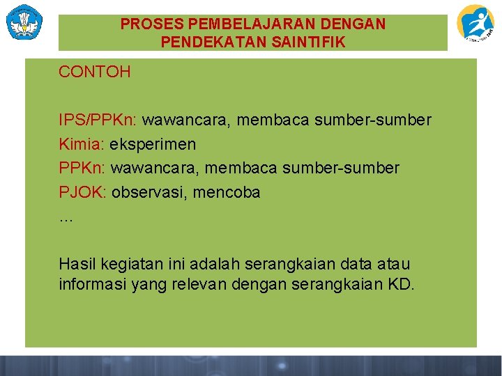 PROSES PEMBELAJARAN DENGAN PENDEKATAN SAINTIFIK CONTOH IPS/PPKn: wawancara, membaca sumber-sumber Kimia: eksperimen PPKn: wawancara,