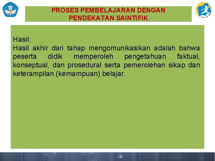 PROSES PEMBELAJARAN DENGAN PENDEKATAN SAINTIFIK Hasil: Hasil akhir dari tahap mengomunikasikan adalah bahwa peserta