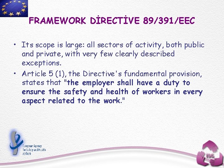 FRAMEWORK DİRECTİVE 89/391/EEC • Its scope is large: all sectors of activity, both public