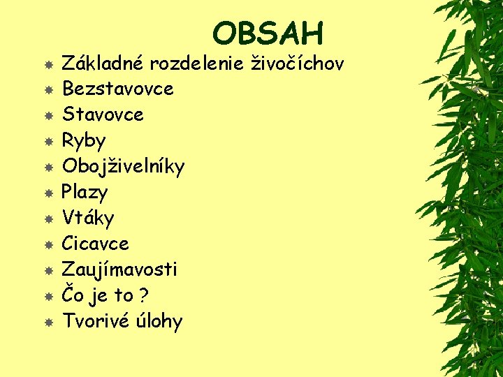 OBSAH Základné rozdelenie živočíchov Bezstavovce Stavovce Ryby Obojživelníky Plazy Vtáky Cicavce Zaujímavosti Čo je