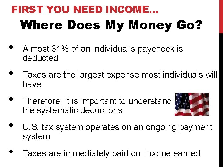 FIRST YOU NEED INCOME… Where Does My Money Go? • • • Almost 31%