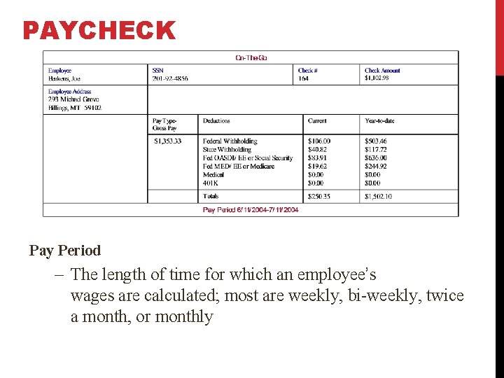 PAYCHECK Pay Period – The length of time for which an employee’s wages are