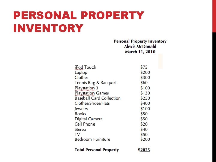 PERSONAL PROPERTY INVENTORY 