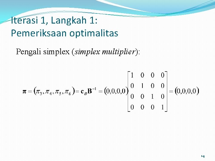 Iterasi 1, Langkah 1: Pemeriksaan optimalitas Pengali simplex (simplex multiplier): 14 Iterasi 1, Langkah 1: Pemeriksaan optimalitas Pengali simplex (simplex multiplier): 14