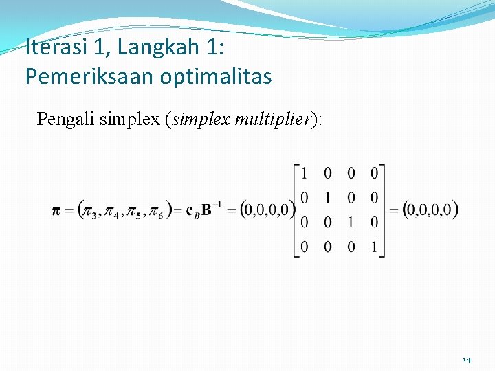 Iterasi 1, Langkah 1: Pemeriksaan optimalitas Pengali simplex (simplex multiplier): 14 