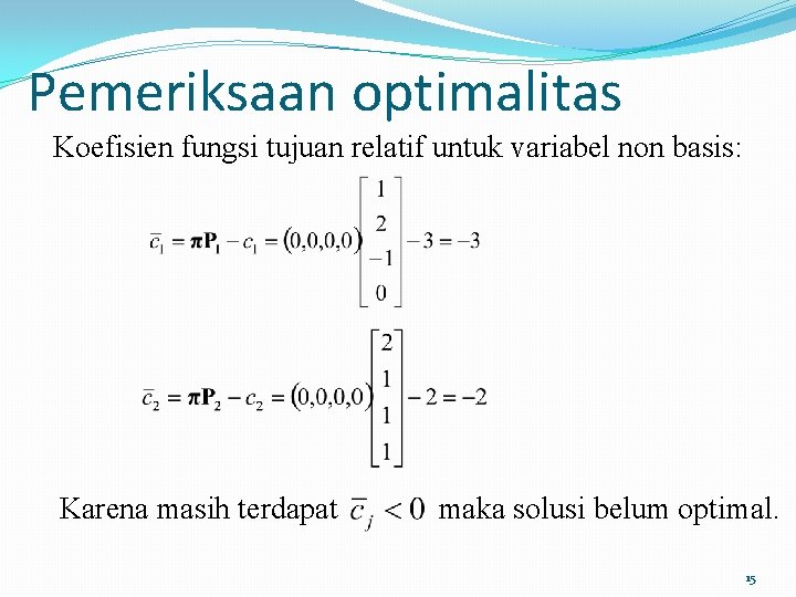 Pemeriksaan optimalitas Koefisien fungsi tujuan relatif untuk variabel non basis: Karena masih terdapat maka