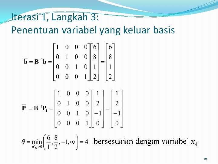 Iterasi 1, Langkah 3: Penentuan variabel yang keluar basis bersesuaian dengan variabel x 4 Iterasi 1, Langkah 3: Penentuan variabel yang keluar basis bersesuaian dengan variabel x 4