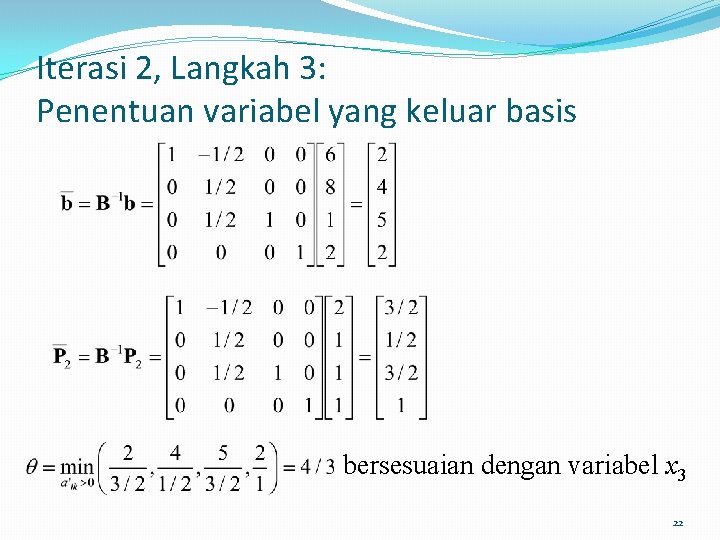 Iterasi 2, Langkah 3: Penentuan variabel yang keluar basis bersesuaian dengan variabel x 3 Iterasi 2, Langkah 3: Penentuan variabel yang keluar basis bersesuaian dengan variabel x 3