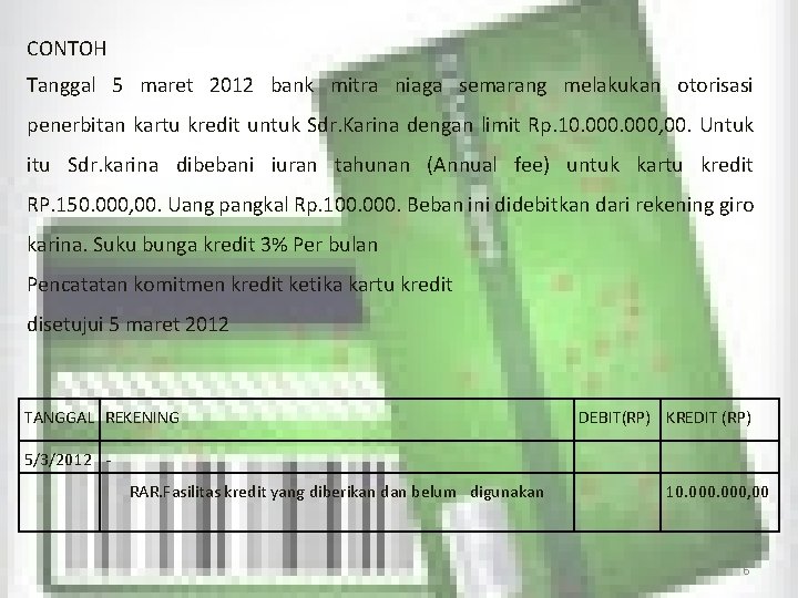 CONTOH Tanggal 5 maret 2012 bank mitra niaga semarang melakukan otorisasi penerbitan kartu kredit
