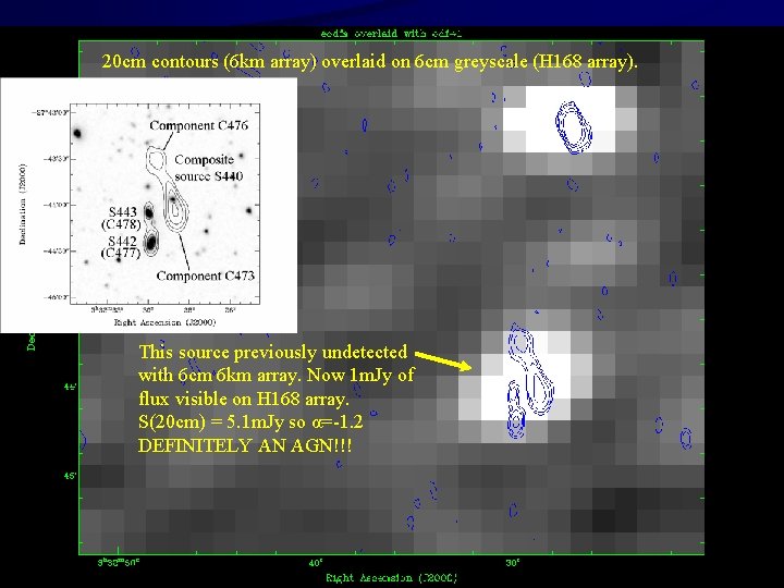 20 cm contours (6 km array) overlaid on 6 cm greyscale (H 168 array).