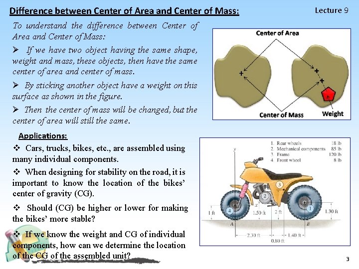 Difference between Center of Area and Center of Mass: Lecture 9 To understand the