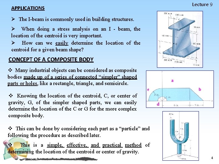 APPLICATIONS Lecture 9 Ø The I-beam is commonly used in building structures. Ø When