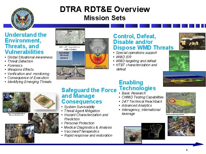 DTRA RDT&E Overview Mission Sets Understand the Environment, Threats, and Vulnerabilities • • Global