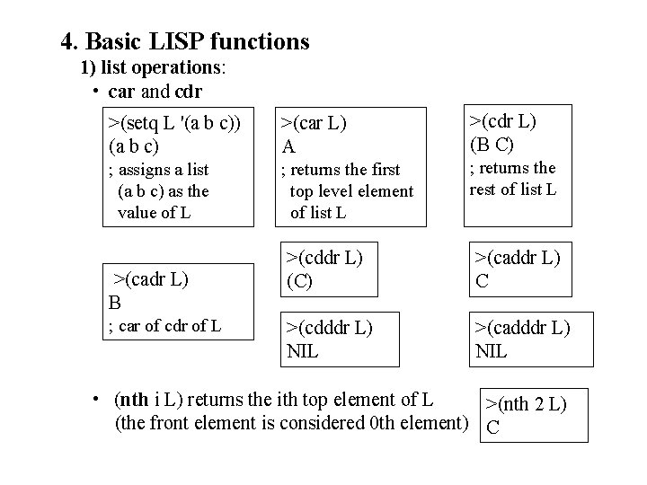 4. Basic LISP functions 1) list operations: • car and cdr >(cdr L) (B