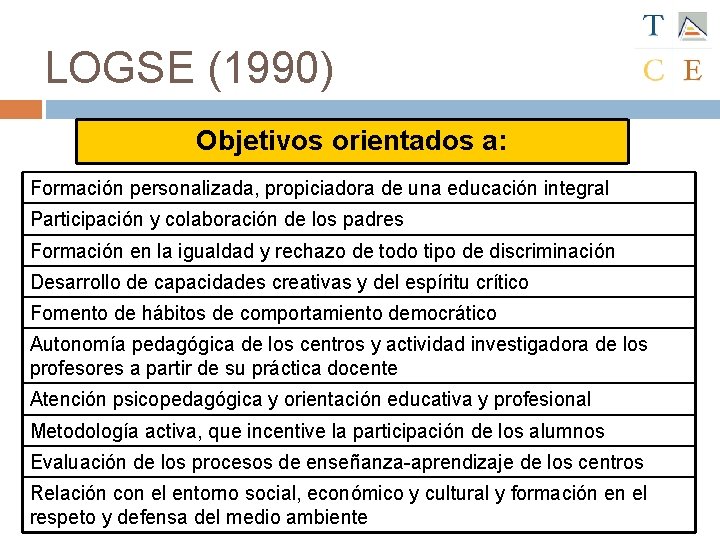 LOGSE (1990) Objetivos orientados a: Formación personalizada, propiciadora de una educación integral Participación y