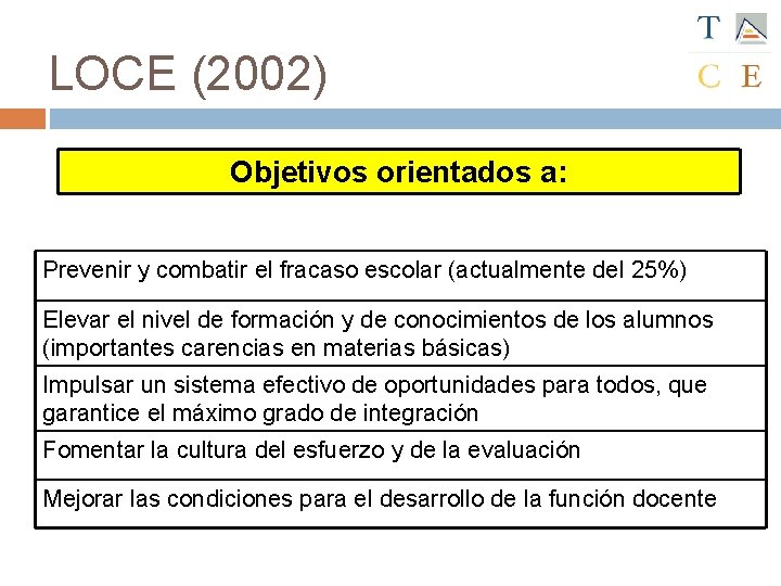 LOCE (2002) Objetivos orientados a: Prevenir y combatir el fracaso escolar (actualmente del 25%)