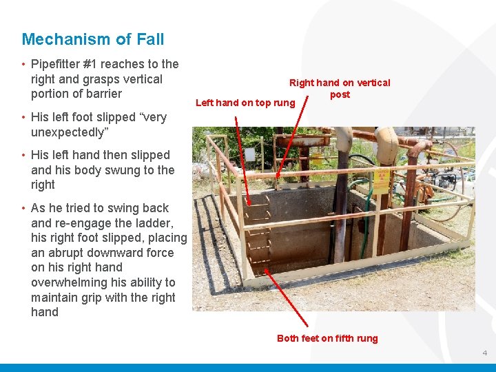 Mechanism of Fall • Pipefitter #1 reaches to the right and grasps vertical portion