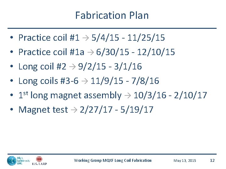 Fabrication Plan • • • Practice coil #1 5/4/15 - 11/25/15 Practice coil #1