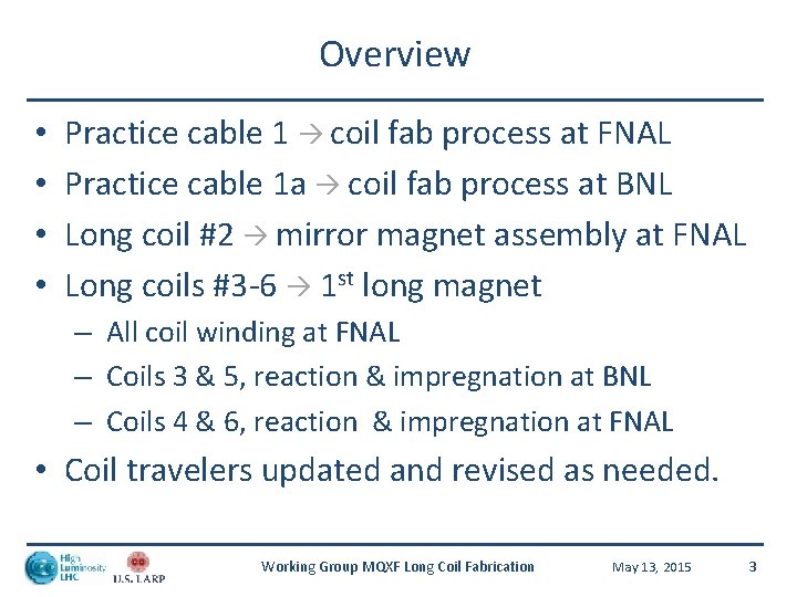 Overview • • Practice cable 1 coil fab process at FNAL Practice cable 1
