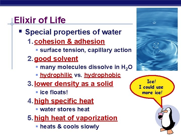 Elixir of Life § Special properties of water 1. cohesion & adhesion § surface Elixir of Life § Special properties of water 1. cohesion & adhesion § surface