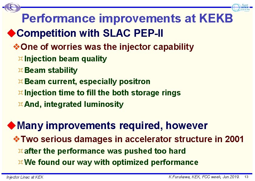 Performance improvements at KEKB u. Competition with SLAC PEP-II v. One of worries was