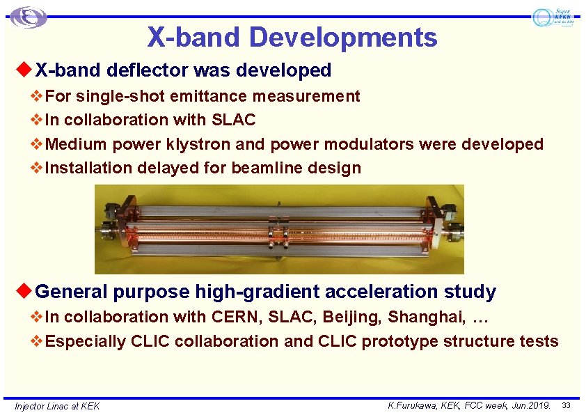 X-band Developments u X-band deflector was developed v. For single-shot emittance measurement v. In